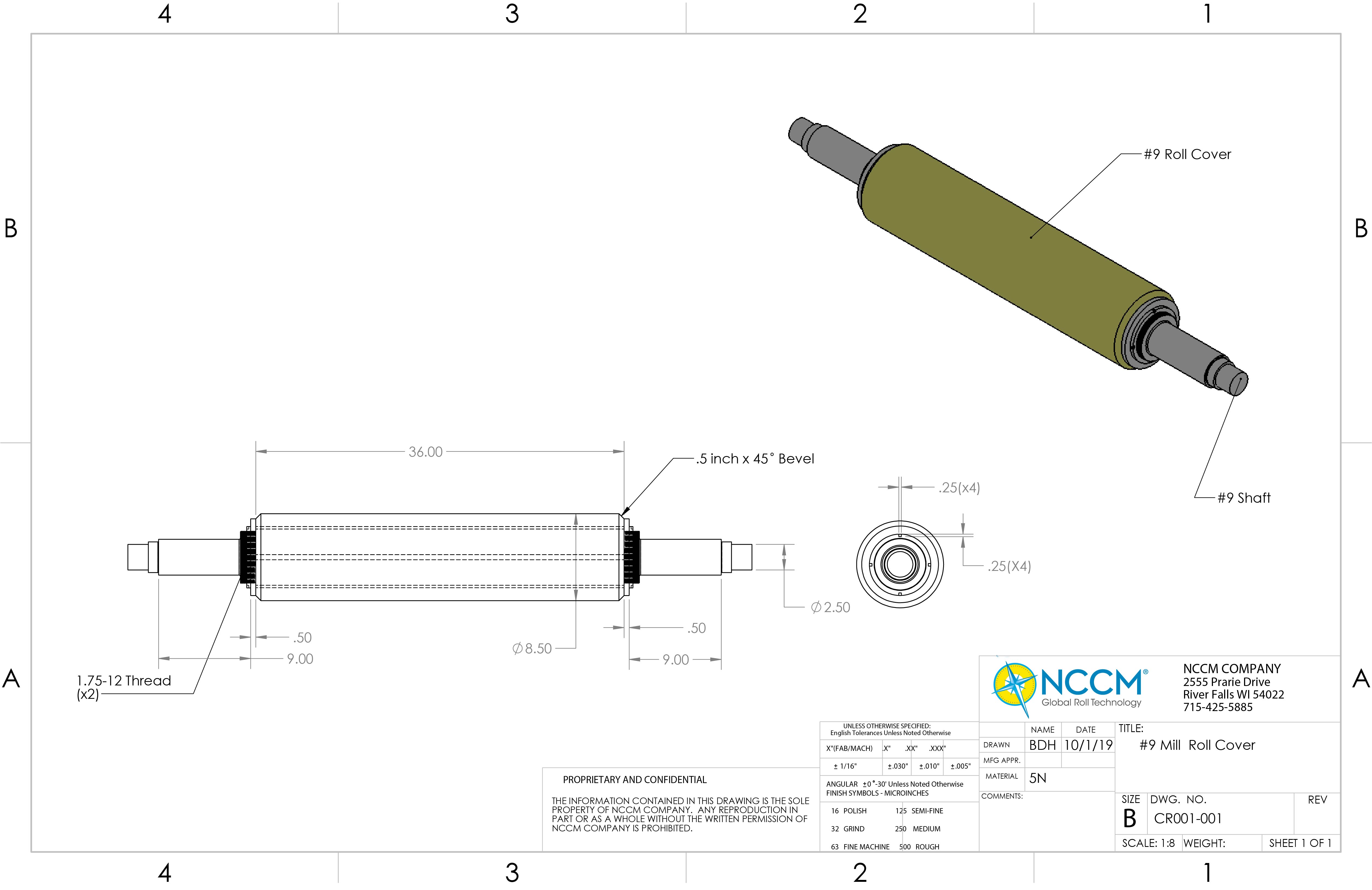 Technical CAD drawing of an NCCM<sup>®</sup> Premier Yellow roll and its shaft
